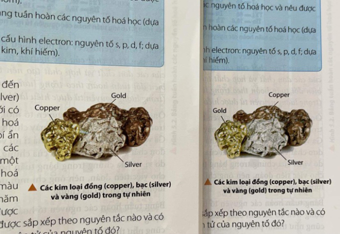 Chú thích ảnh các kim loại đồng (copper), bạc (silver) và vàng (gold) trong tự nhiên ở hai cuốn SGK Hóa học 10, bộ Chân trời sáng tạo khác nhau. Ảnh: Lý Hải Đăng